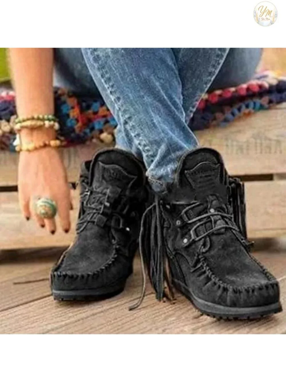 Women's Vintage Fringed Ankle Boots Faux Suede Comfy Round Toe Hippie Mocc